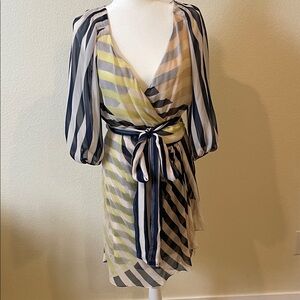 Diane Von Furstenberg Navy, Chartreuse, Light Pink and Cream Striped Mini Dress